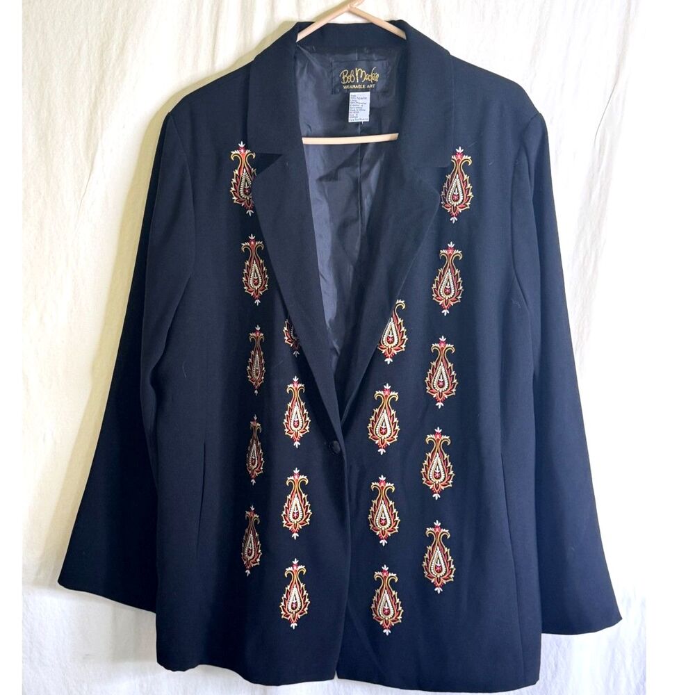 Bob Mackie Wearable Art Black Blazer Red and Gold Paisley Embroidery Size 1X